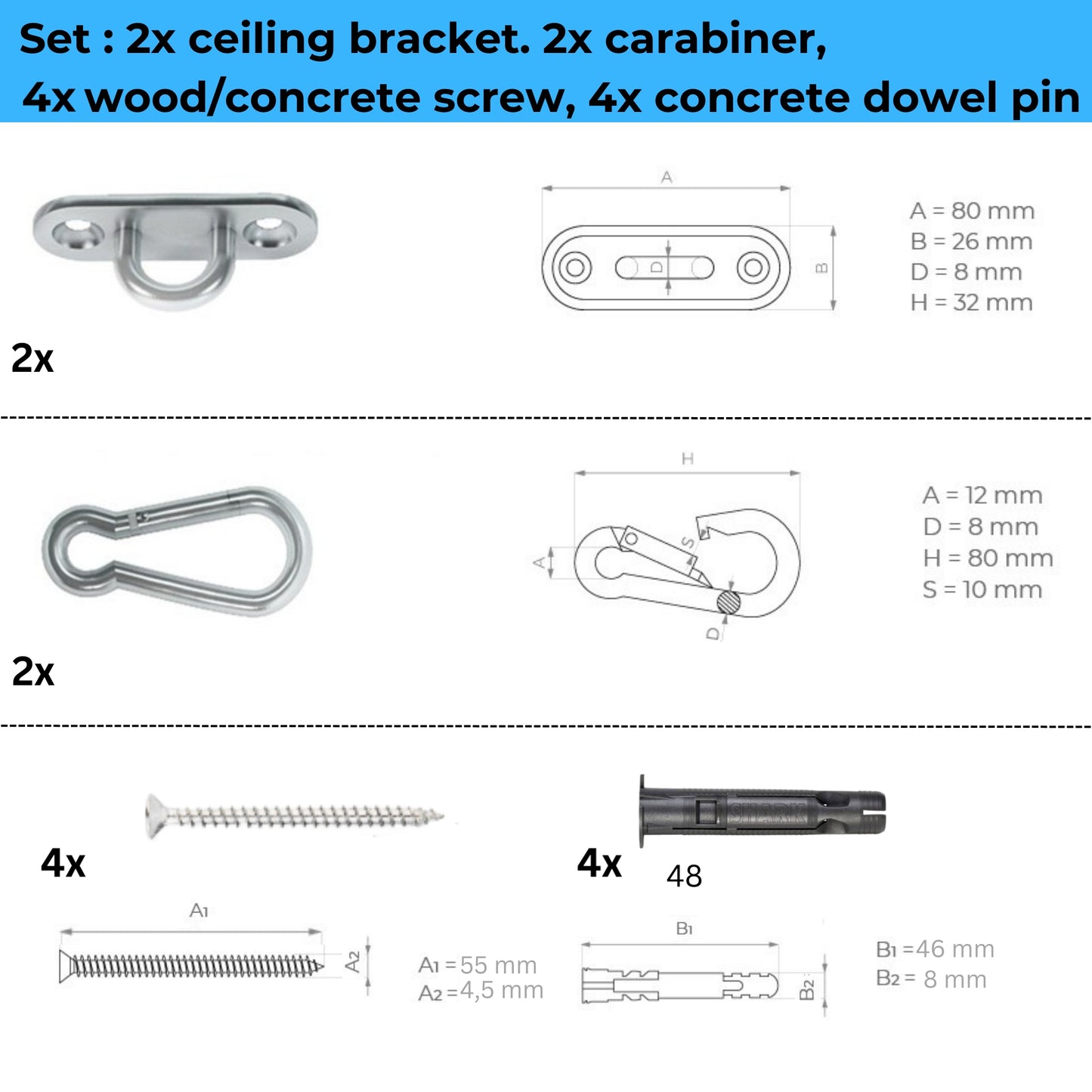 MAMOI® Deckenhaken schwerlast, Karabiner für schaukel, Schaukelhaken betondecke, Schwerlasthaken decke und holz, Deckenhacken für hängesessel, Hängematten aufhängung zubehör, Haken befestigung-2
