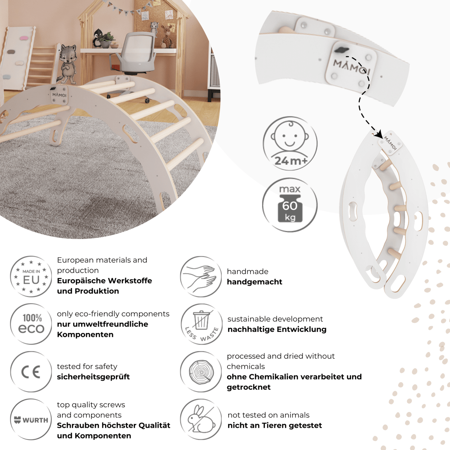 MAMOI® Kletterbogen mit Kissen, Kissen für Regenbogenwippe aus Holz, Kletterdreieck, Baby Klettern, Holzbogen für Kinder, Spielplatz, Klettergerüst Indoor. Perfekt für Kinder ab 24 Monaten.-4