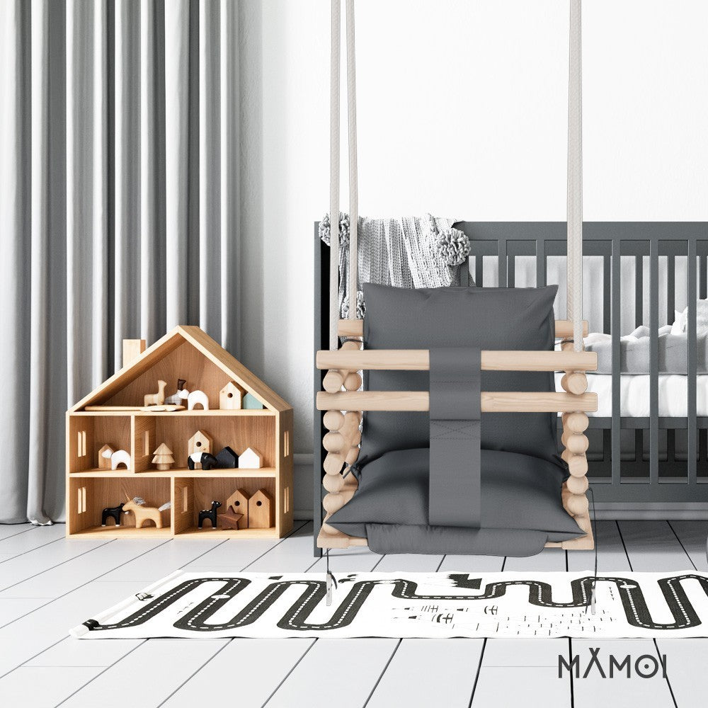 MAMOI® Babyschaukel für den Innenbereich, Babyschaukelsitz, Baumwollschaukel aus Naturholz, Babyschaukel für Kinder ab 1 Jahr, 3 in 1-4