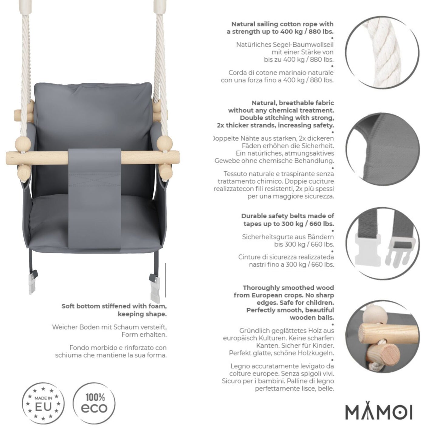 MAMOI® Babyschaukel, Baby schaukel Indoor Outdoor, Kinderschaukel aus Holz, Holzschaukel für Kinder, Schaukeln für türrahmen, Swing, Kleinkinderschaukel ab 1 jahr für Kinderzimmer-2