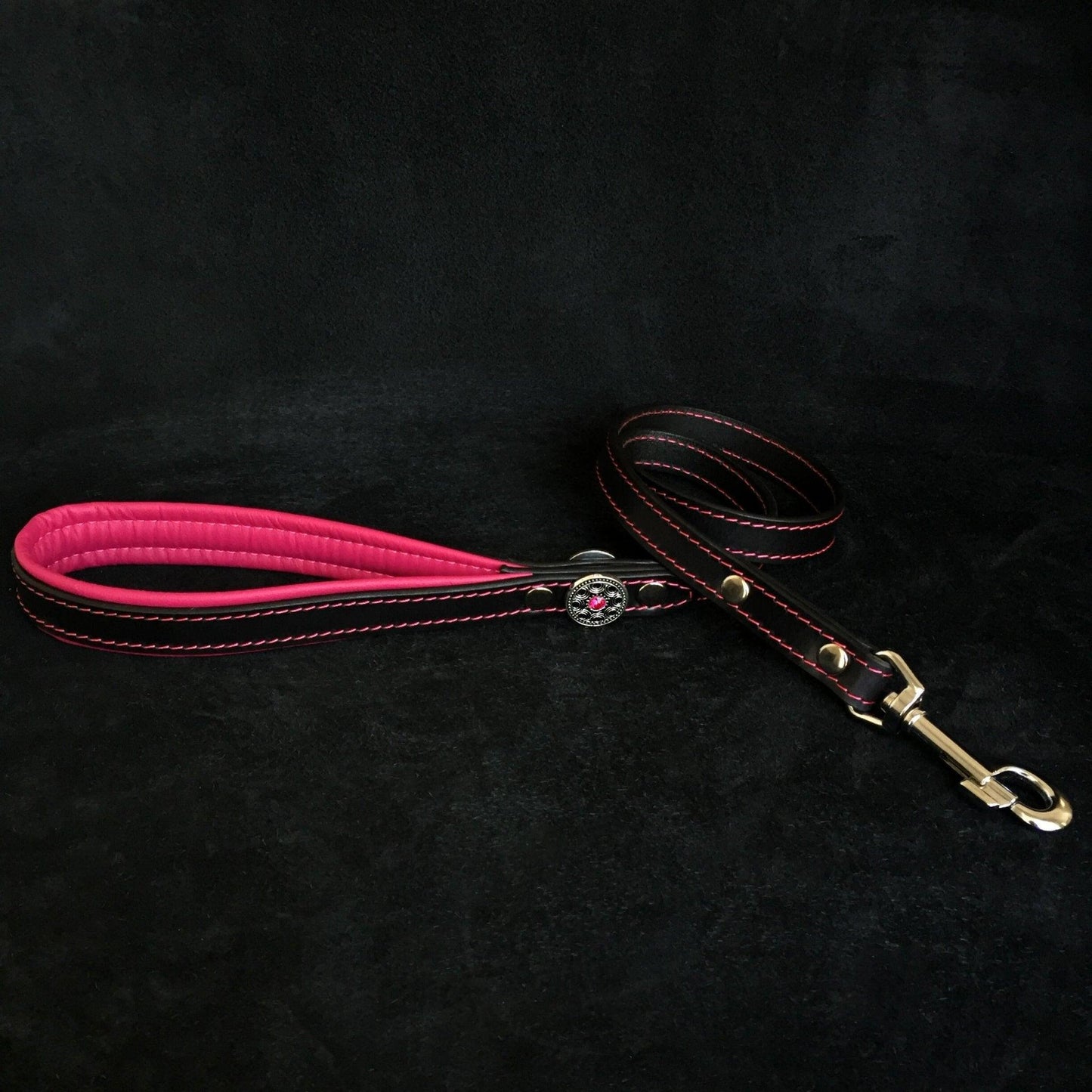 ''Bijou'' Leder Leine Schwarz / Pink-0