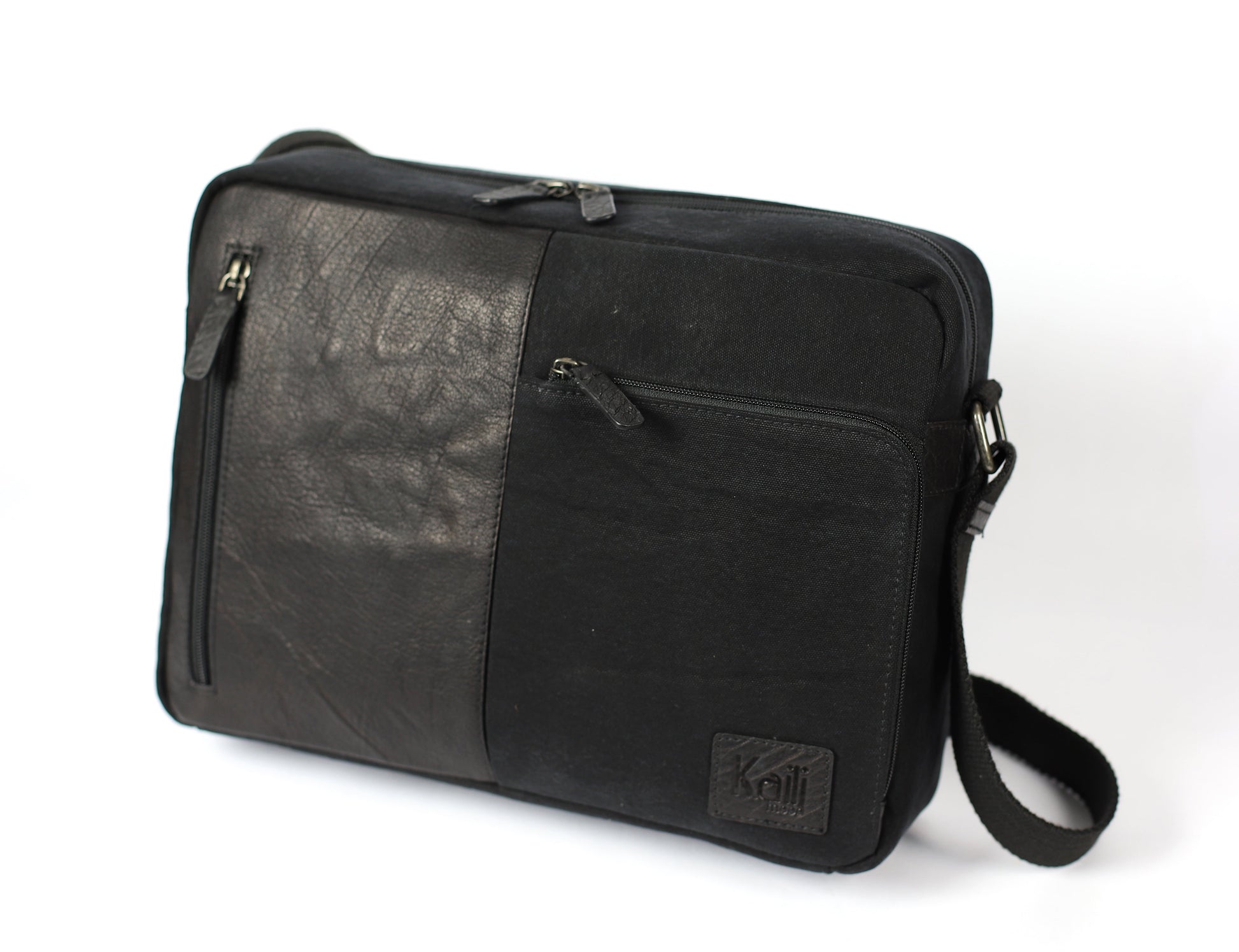 Leder Aktentasche für Herren - Schwarz - Zubehör in Antik-Nickel-Optik, Verschluss oben mit Reißverschluss. Abmessungen: 35 x 26 x 10 cm. Material: Canvas/echtes Vollnarbenleder-2