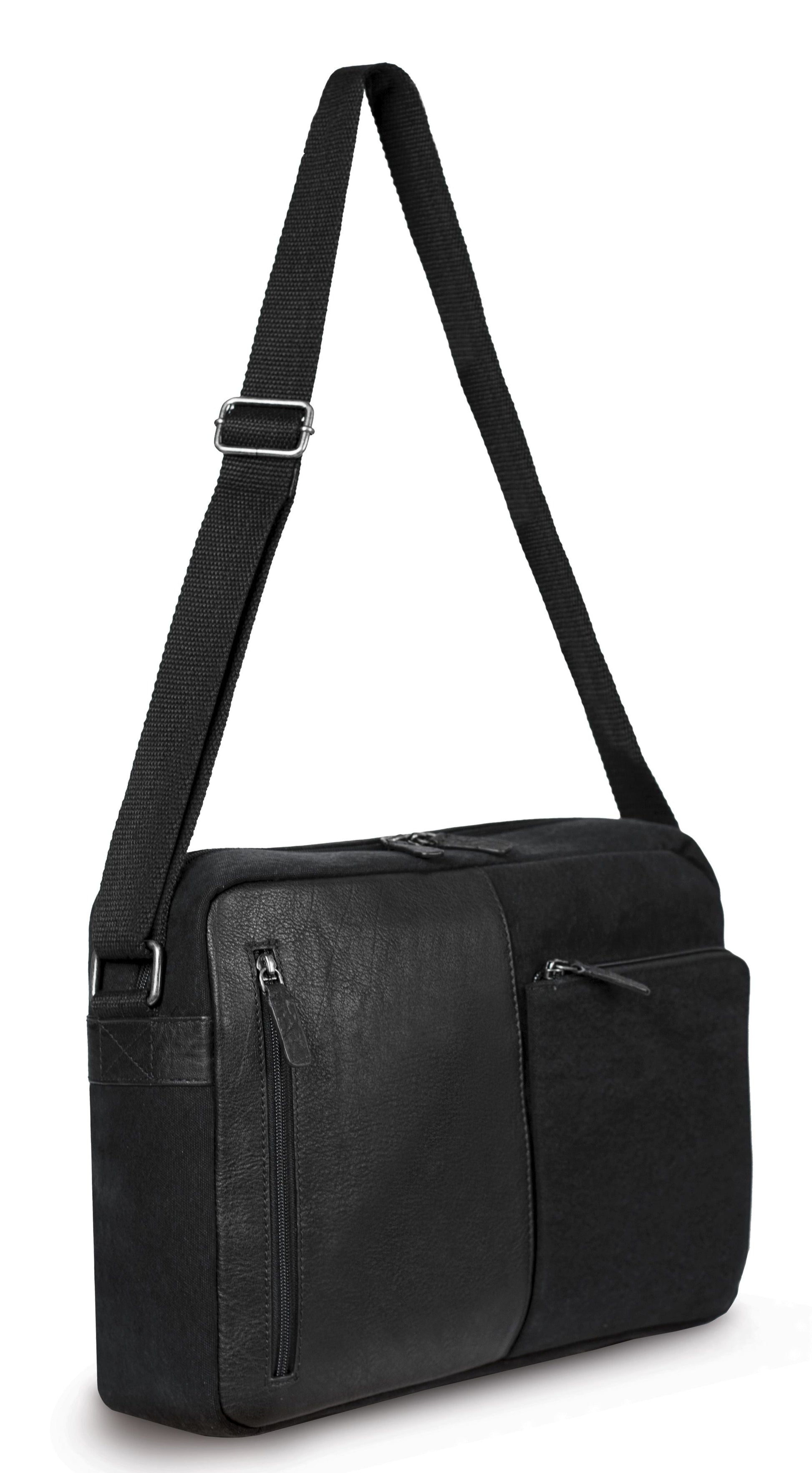 Leder Aktentasche für Herren - Schwarz - Zubehör in Antik-Nickel-Optik, Verschluss oben mit Reißverschluss. Abmessungen: 35 x 26 x 10 cm. Material: Canvas/echtes Vollnarbenleder-1