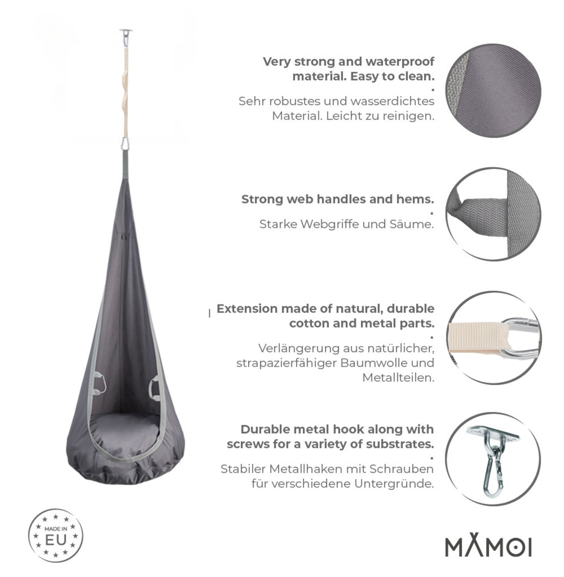 MAMOI® Hängesessel für Kinder, Schaukel für Kinderzimmer, Hängehöhle, Hängeschaukel, Sensory swing, Schaukeltuch indoor, Hängesack, Tuchschaukel, Babyschaukel, Hängetuch-2