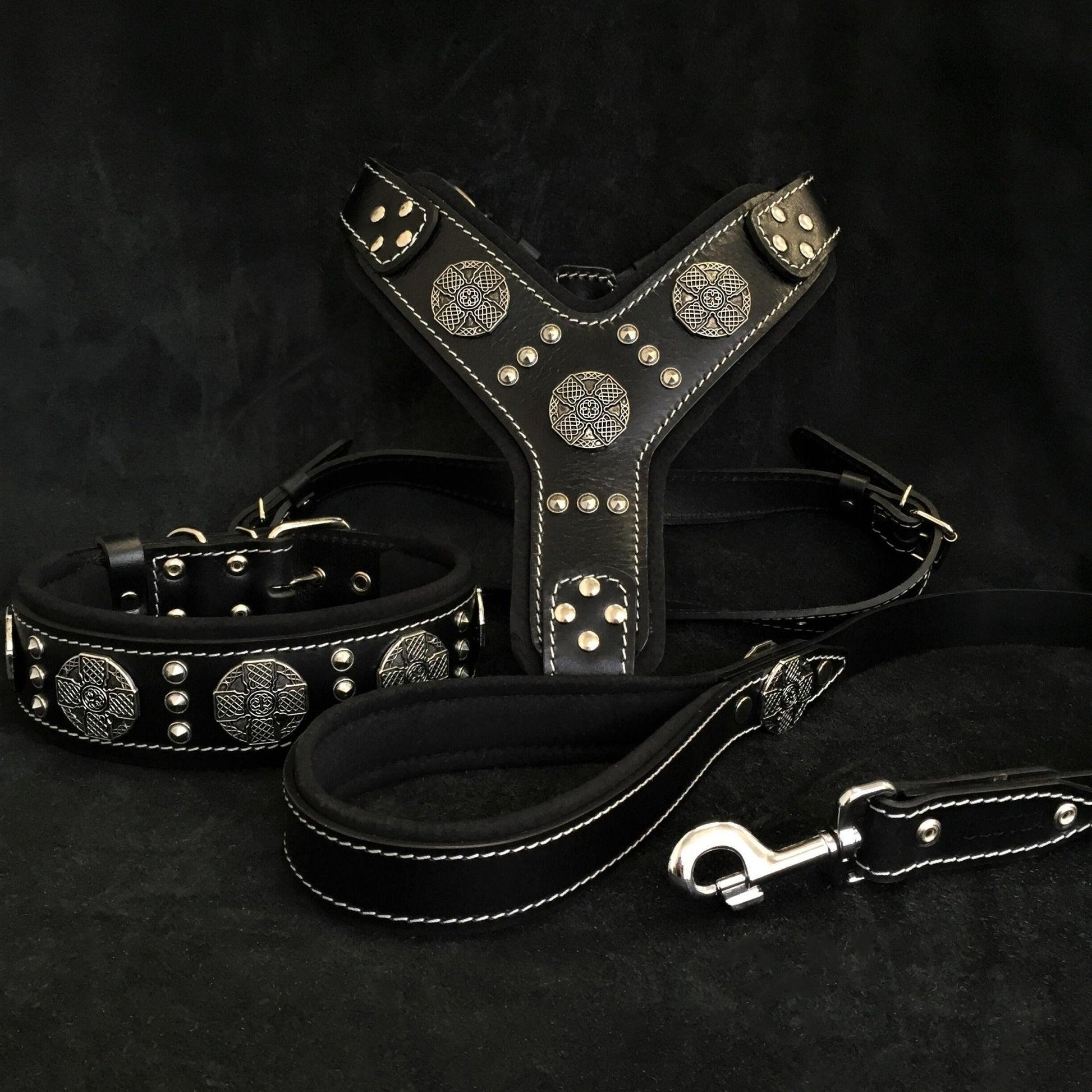 "Maximus Silver" großes Hundeset – Geschirr, Halsband, Leine in Schwarz-0